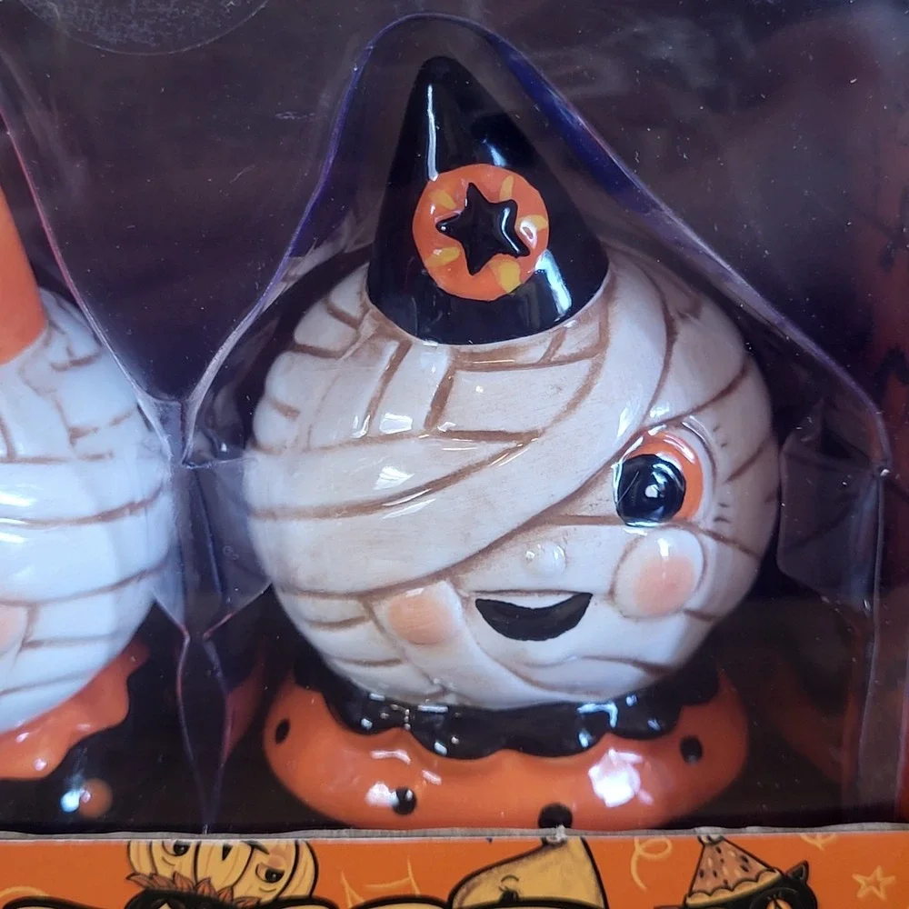 Johanna Parker Transpac Mummy Halloween Salt Pepper Shakers Pumpkins NEW